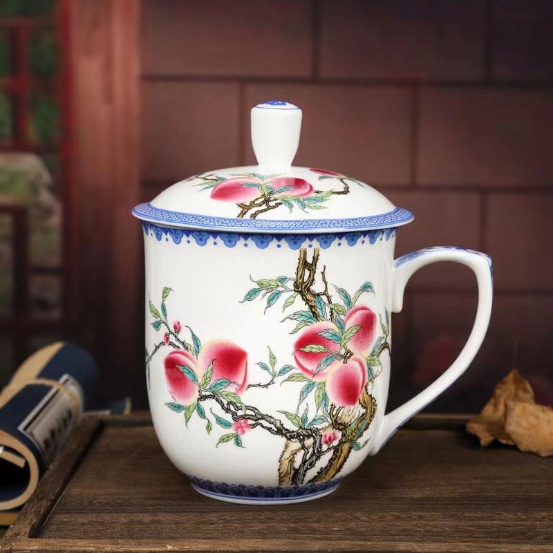 工会职工福利办公杯 中式骨瓷茶杯珐琅彩青花缠枝莲杯子带盖 千里江山图礼品杯随手礼