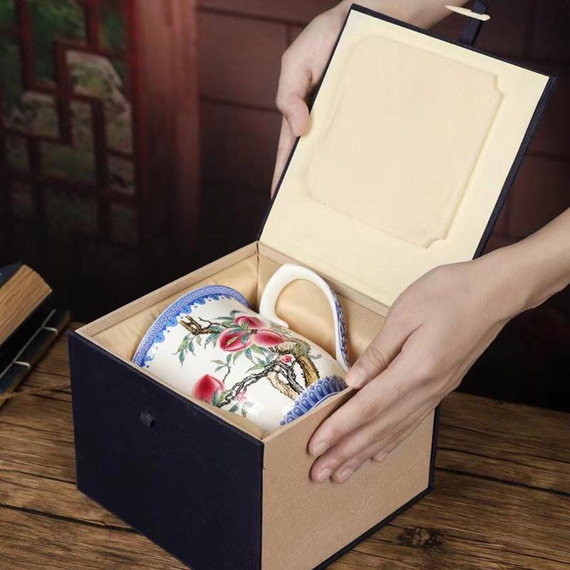 工会职工福利办公杯 中式骨瓷茶杯珐琅彩青花缠枝莲杯子带盖 千里江山图礼品杯随手礼