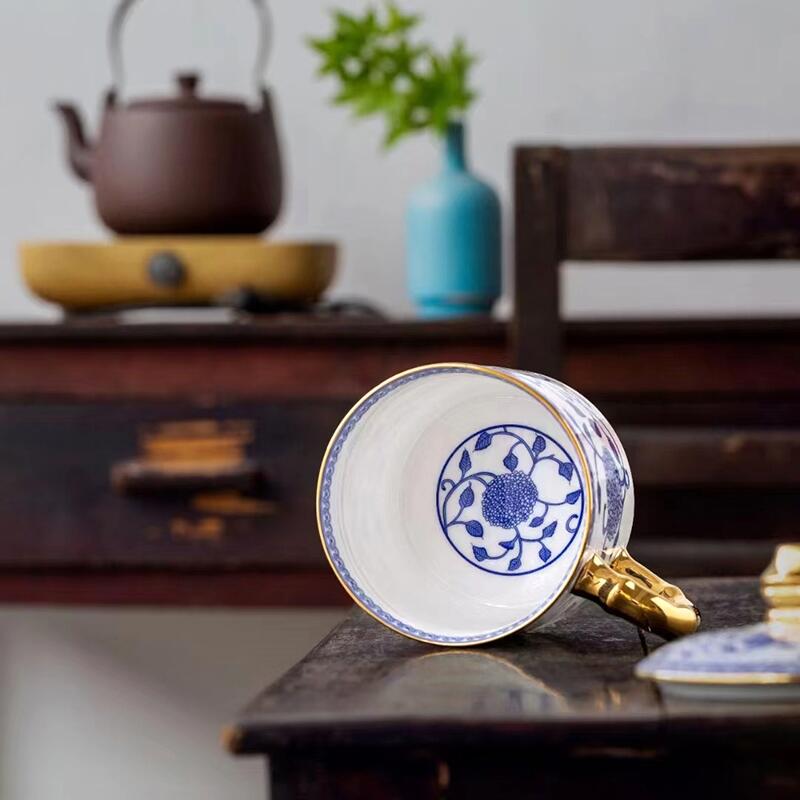 工会职工福利办公杯 中式骨瓷茶杯珐琅彩青花缠枝莲杯子带盖 千里江山图礼品杯随手礼